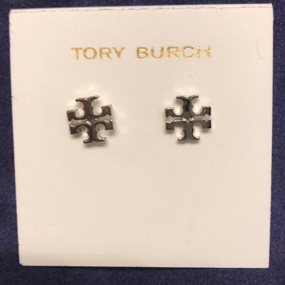NWT Tory Burch Silver Logo Stud Earrings